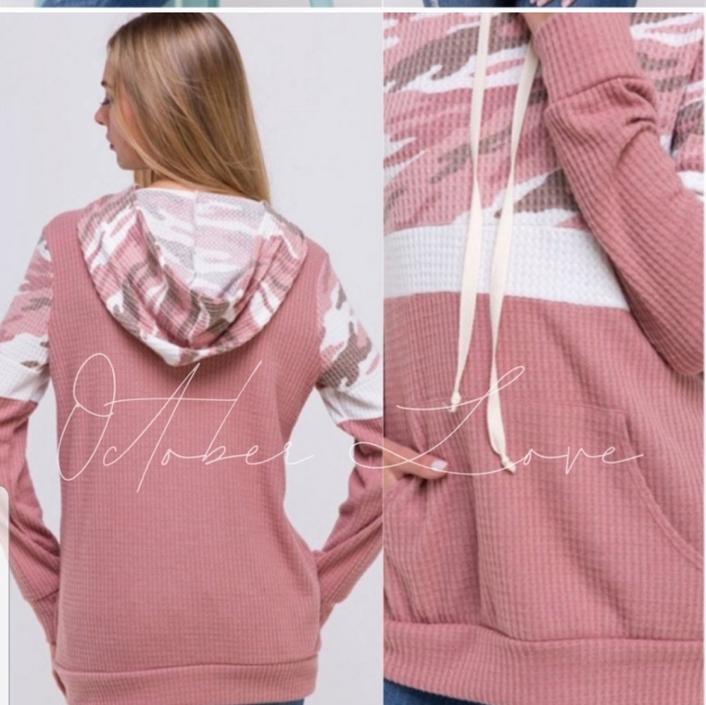 Watermelon Pink Camo Hoodie Waffle Fabric - Picture 3 of 8